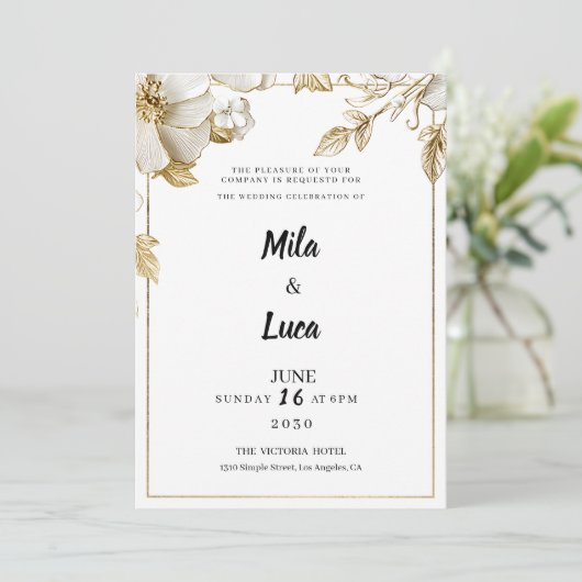 Elegant white gold flowers typography Wedding 招待状 (スタンド正面)