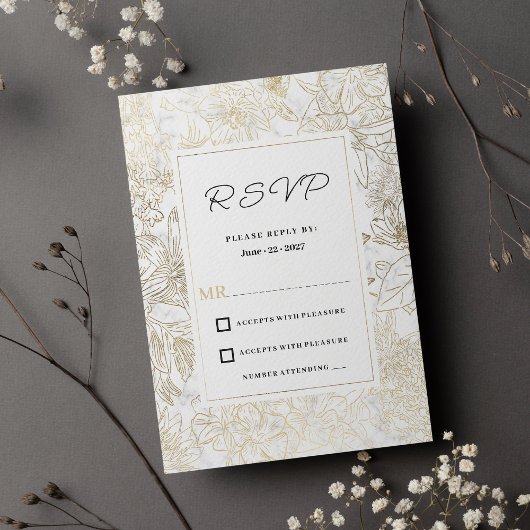 Elegant white gold gray marble floral RSVP  招待状