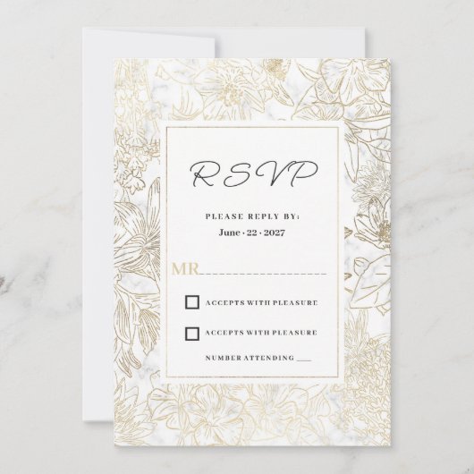 Elegant white gold gray marble floral RSVP  招待状 (正面)