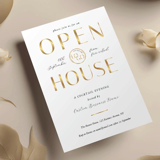 Elegant White & Gold Logo Business Open House 招待状