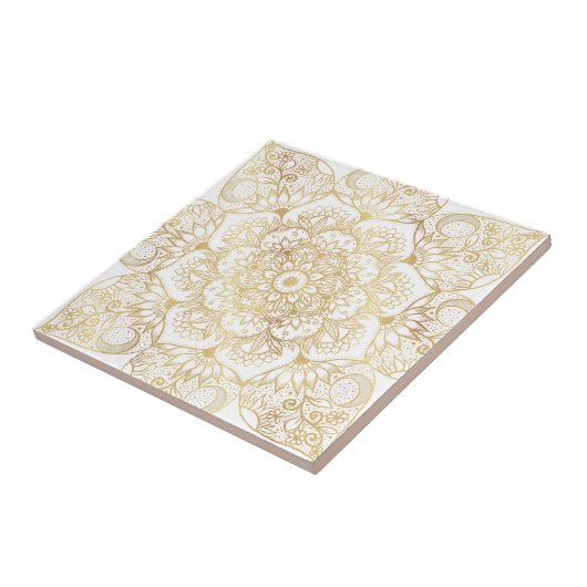 Elegant White Gold Mandala Floral  タイル (側面)