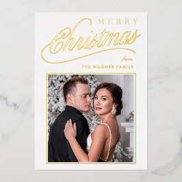 Elegant White Gold Script Merry Christmas Photo 箔シーズンカード