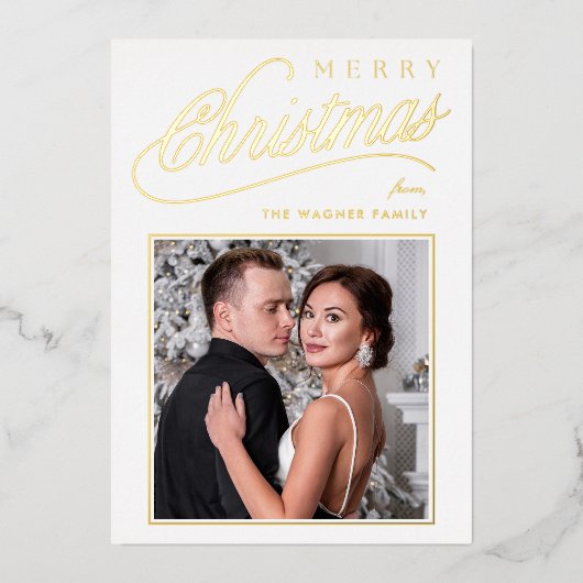 Elegant White Gold Script Merry Christmas Photo 箔シーズンカード (正面)