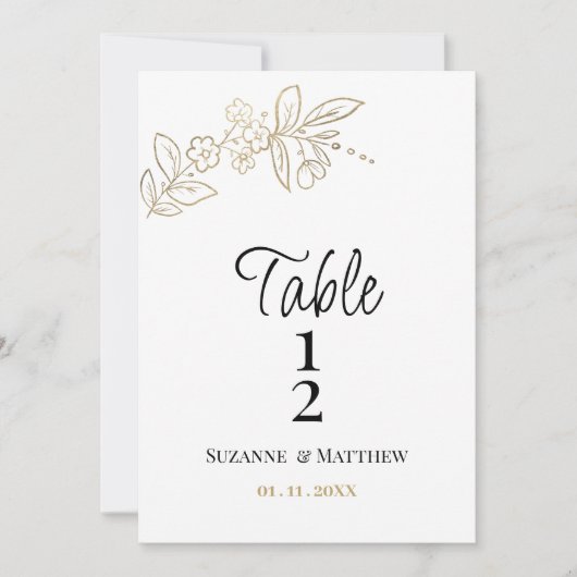 Elegant white gold simple floral Table Number 招待状 (正面)