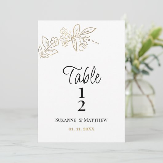Elegant white gold simple floral Table Number 招待状 (スタンド正面)