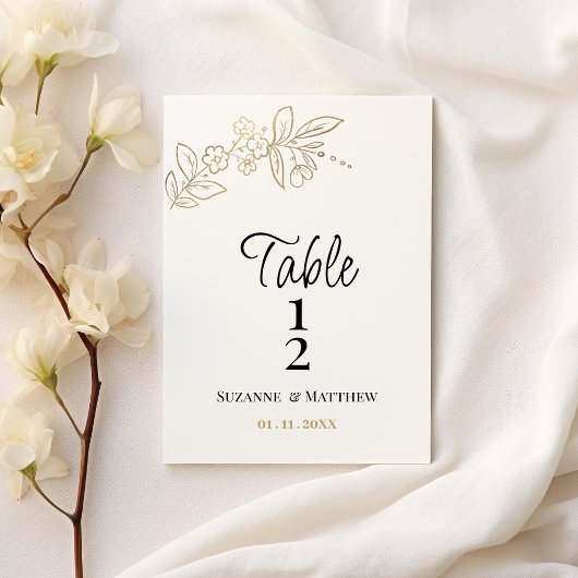 Elegant white gold simple floral Table Number 招待状