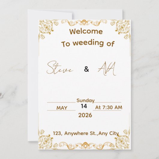 Elegant White & Gold Wedding Invitation 招待状 (正面)