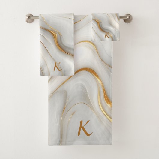 Elegant White Gray & Gold Marble Swirl Initial バスタオルセット (インサイチュ)