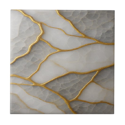 Elegant White & Gray Marble with Gold Veins Luxury タイル (正面)