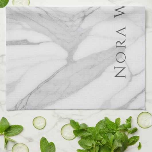 Elegant White Gray Personalized Marble Texture キッチンタオル (折り畳み)