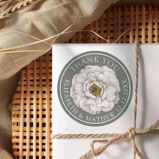 Elegant White & Green Floral ラウンドシール