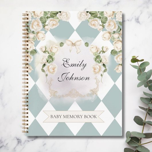 Elegant White Green Roses Baby Girl Memory Book ノートブック