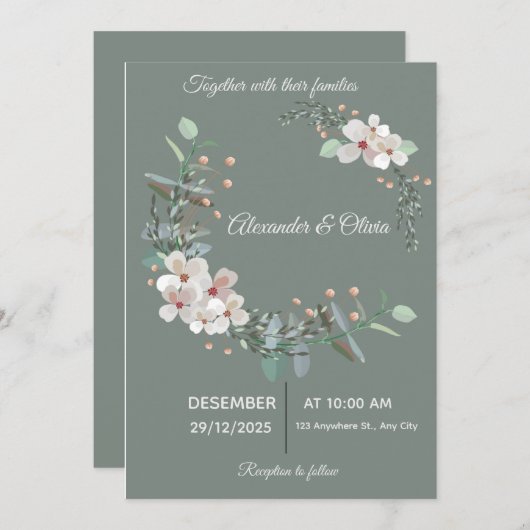 Elegant White & Green Wedding Invitation 招待状 (正面/裏面)