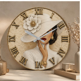 Elegant White Hat Lady Luxury Fashion Portrait ラージ壁時計