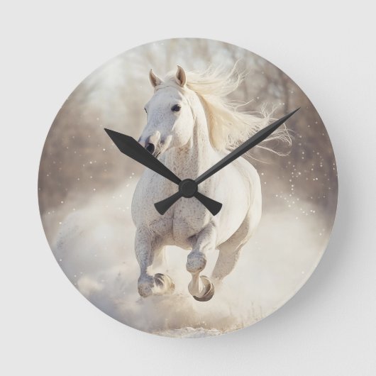 Elegant White Horse Wall Clock - Majestic Animal A ラウンド壁時計 (正面)