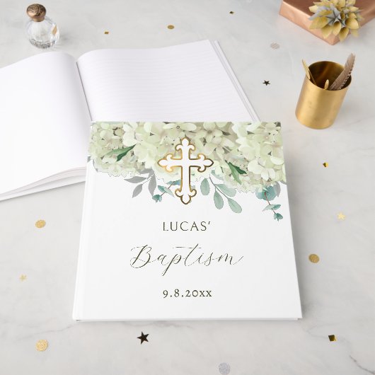 Elegant White Hydrangea Baptism ゲストブック (正面見開き)