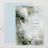 Elegant White Hydrangea Gold Botanical Wedding 招待状 (正面/裏面)