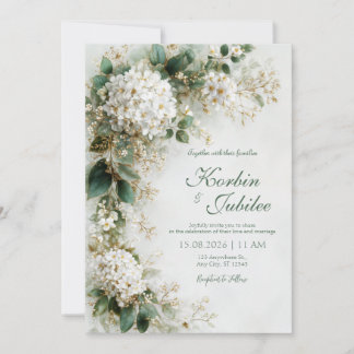 Elegant White Hydrangea Gold Botanical Wedding 招待状