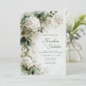 Elegant White Hydrangea Gold Botanical Wedding 招待状 (スタンド正面)
