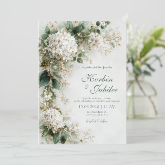 Elegant White Hydrangea Gold Botanical Wedding 招待状 (スタンド正面)