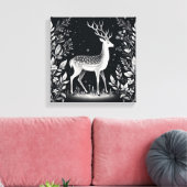 Elegant White Ink Deer in Botanical Frame キャンバスプリント (インサイチュ (リビング))