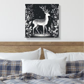Elegant White Ink Deer in Botanical Frame キャンバスプリント (インサイチュ (寝室))