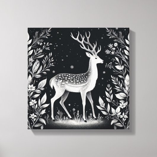 Elegant White Ink Deer in Botanical Frame キャンバスプリント (正面)
