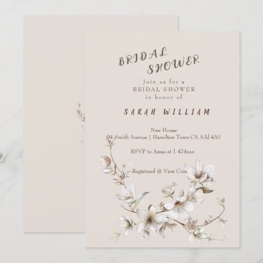 Elegant White & Ivory Blossom Bridal Shower 招待状 (正面/裏面)