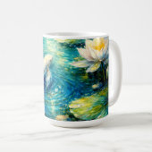 Elegant White Koi & Water Lily Impressionist Art コーヒーマグカップ (正面右)