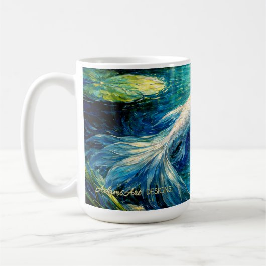 Elegant White Koi & Water Lily Impressionist Art コーヒーマグカップ (左)