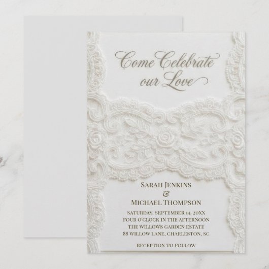 Elegant White Lace Wedding Invitation 招待状 (正面/裏面)