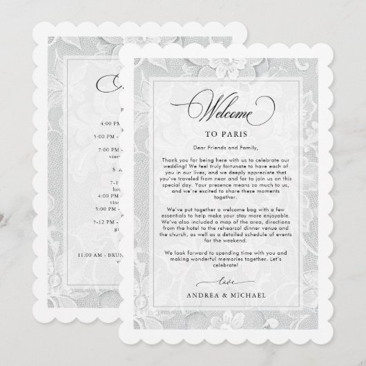 Elegant White Lace Wedding Welcome Itinerary Card 招待状 (正面/裏面)