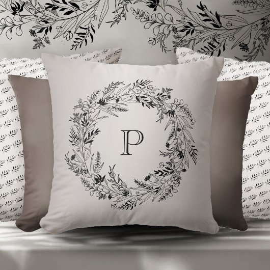 Elegant white leaf frame letter P クッション