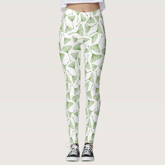 Elegant white leggings with green ginkgo leaf レギンス (正面)