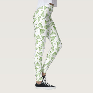 Elegant white leggings with green ginkgo leaf レギンス