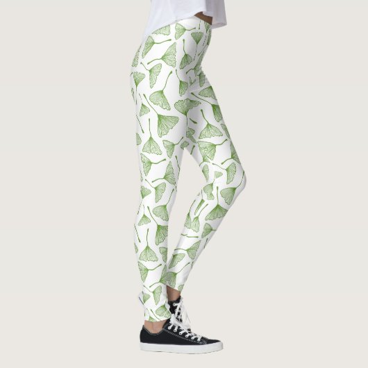 Elegant white leggings with green ginkgo leaf レギンス (右)