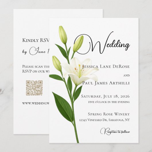 Elegant White Lilly Wedding Invitation 招待状 (正面/裏面)