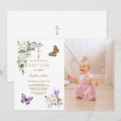 Elegant White Lily Butterfly Girl Photo Baptism 招待状 (正面/裏面)