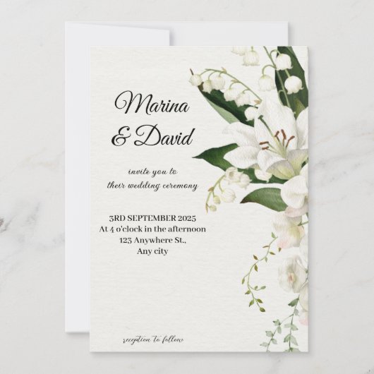 Elegant White Lily Floral Wedding 招待状 (正面)