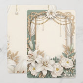 Elegant White Lily & Peony Floral Frame with Gold  招待状 (正面/裏面)