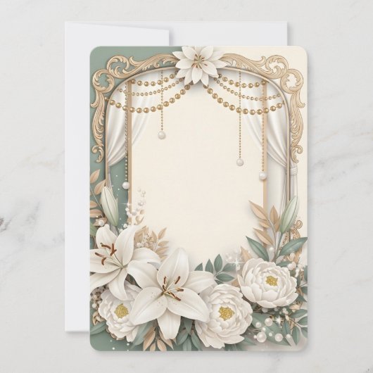 Elegant White Lily & Peony Floral Frame with Gold  招待状 (正面)