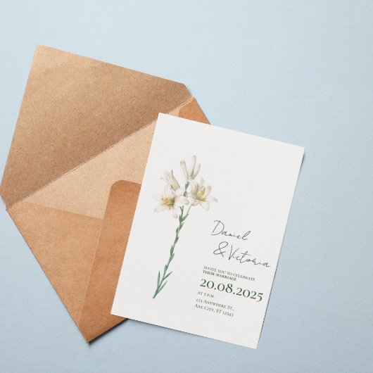 Elegant White Lily Wedding Invitation 招待状