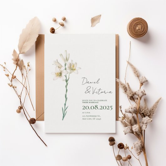 Elegant White Lily Wedding Invitation 招待状