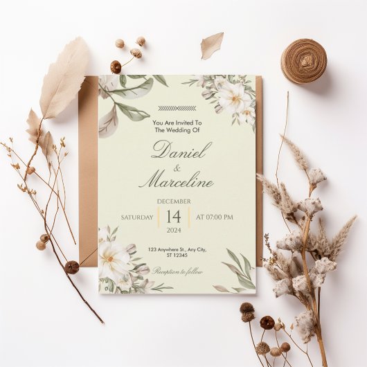 Elegant White Magnolia Floral Wedding Invitation 招待状
