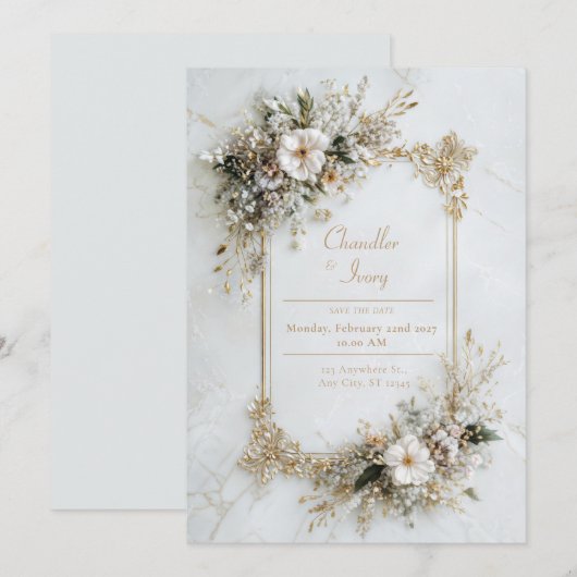 Elegant White Marble Gold Floral Geometric Wedding 招待状 (正面/裏面)