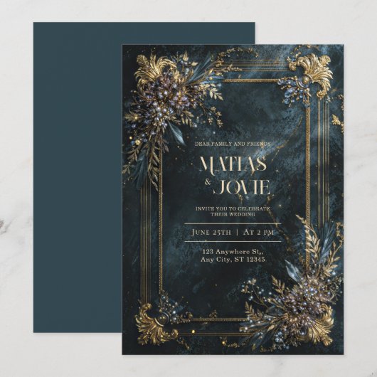 Elegant White Marble Gold Geometric Floral Wedding 招待状 (正面/裏面)