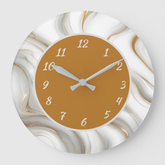 Elegant White Marble & Gold Swirl Abstract  ラージ壁時計 (正面)