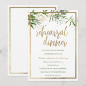 Elegant white mint gold foliage Rehearsal Dinner 招待状 (正面/裏面)