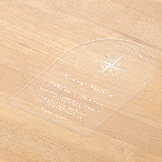 Elegant White Nautical Compass Wedding アクリル招待状 (レイダウン)