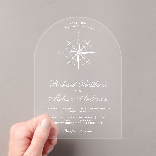 Elegant White Nautical Compass Wedding アクリル招待状 (インサイチュ (ポータブル))